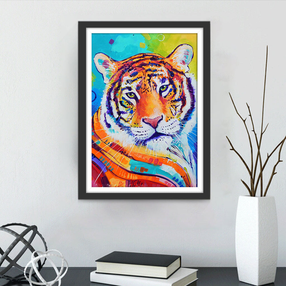 Tijger met Kleurrijke Sjaal op Kleurrijke Achtergrond Diamond Painting