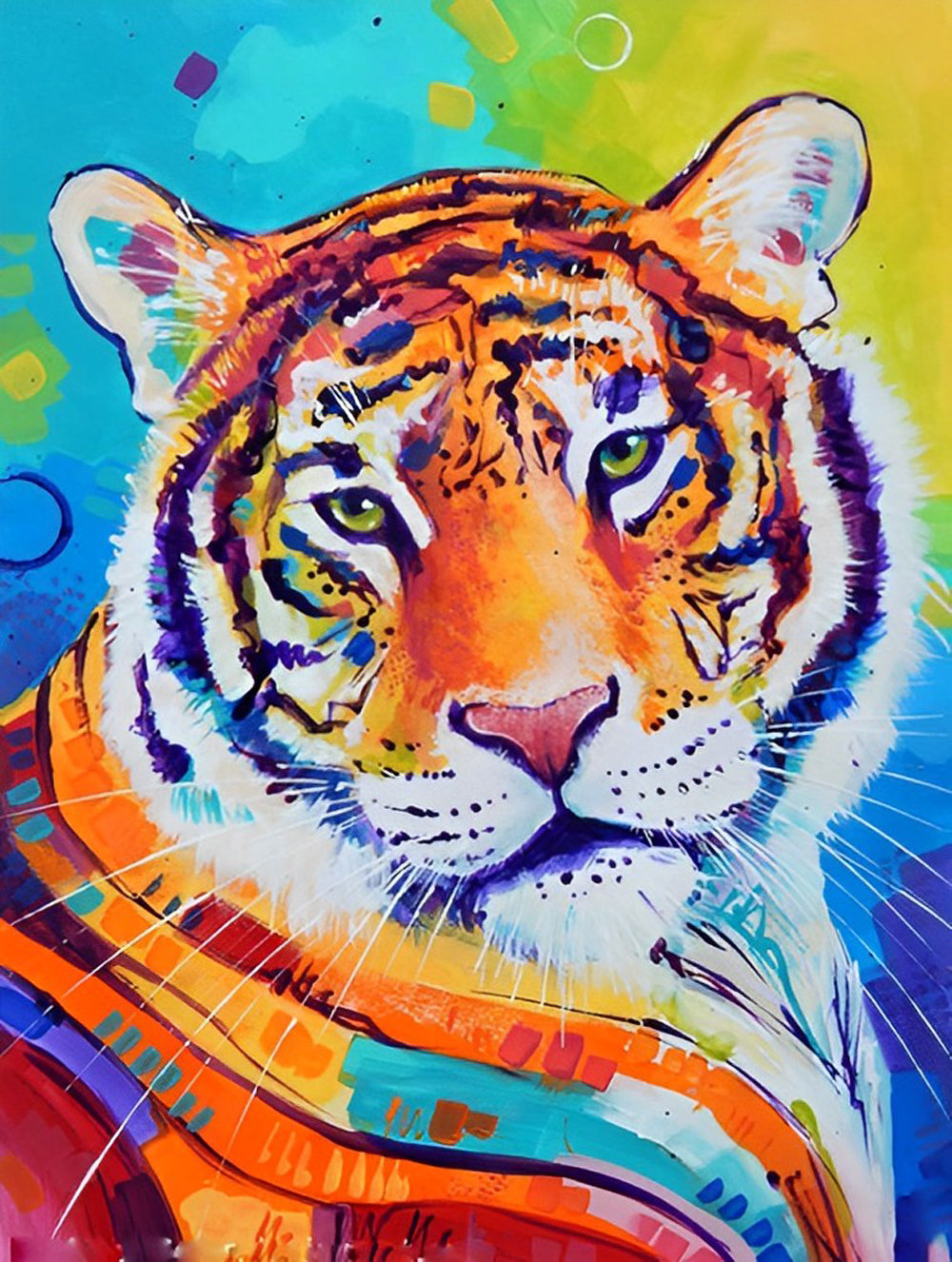 Tijger met Kleurrijke Sjaal op Kleurrijke Achtergrond Diamond Painting