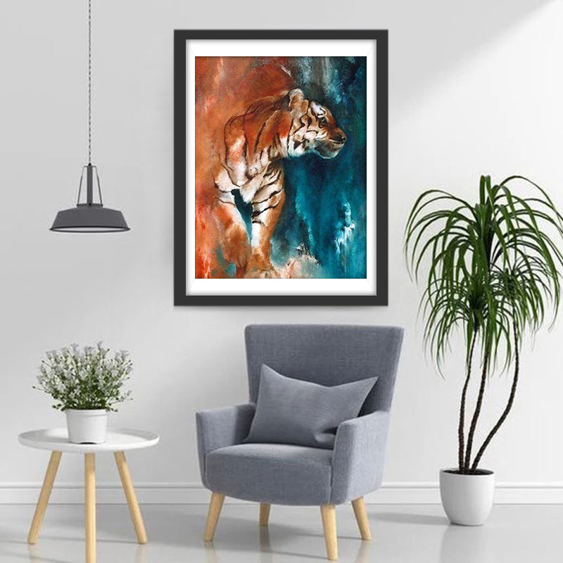 Tijger tegen een Oranjeblauwe Achtergrond Diamond Painting