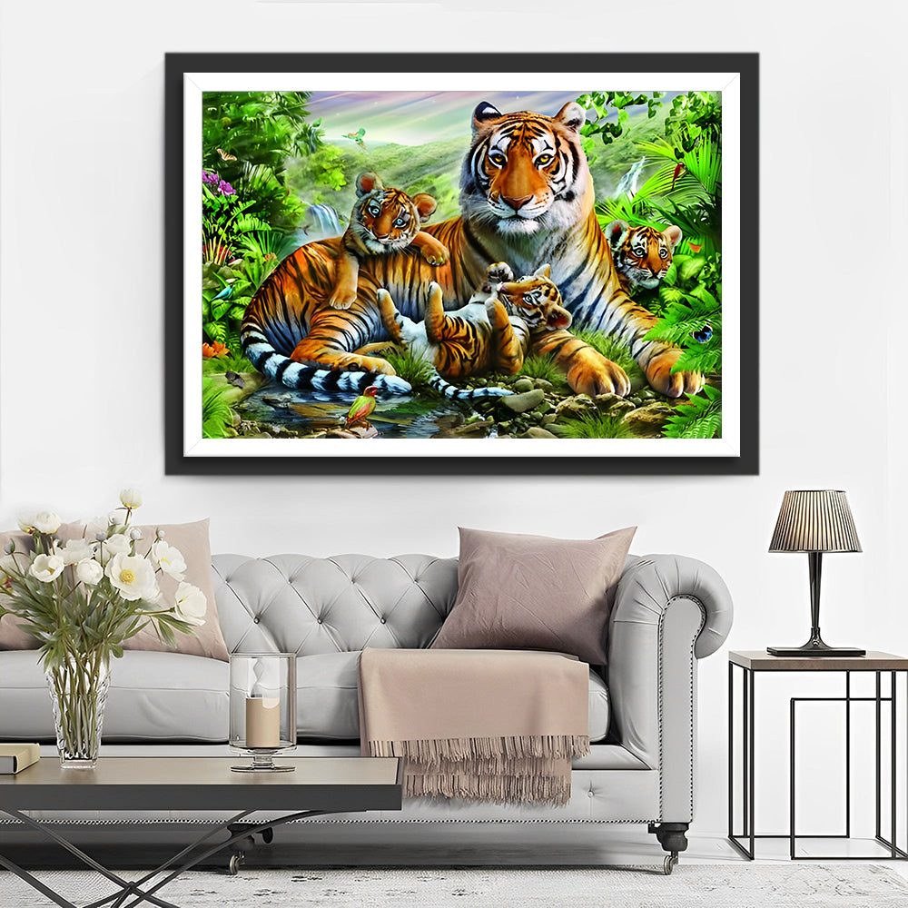 Tijgermoeder en Drie Tijgerwelpen Diamond Painting