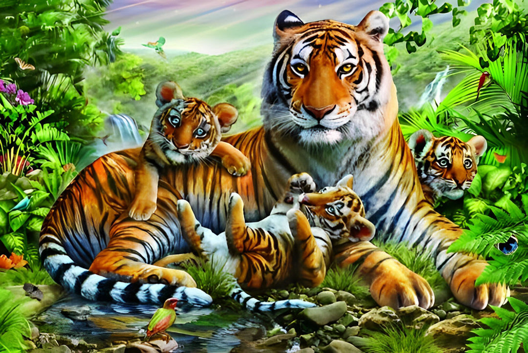 Tijgermoeder en Drie Tijgerwelpen Diamond Painting