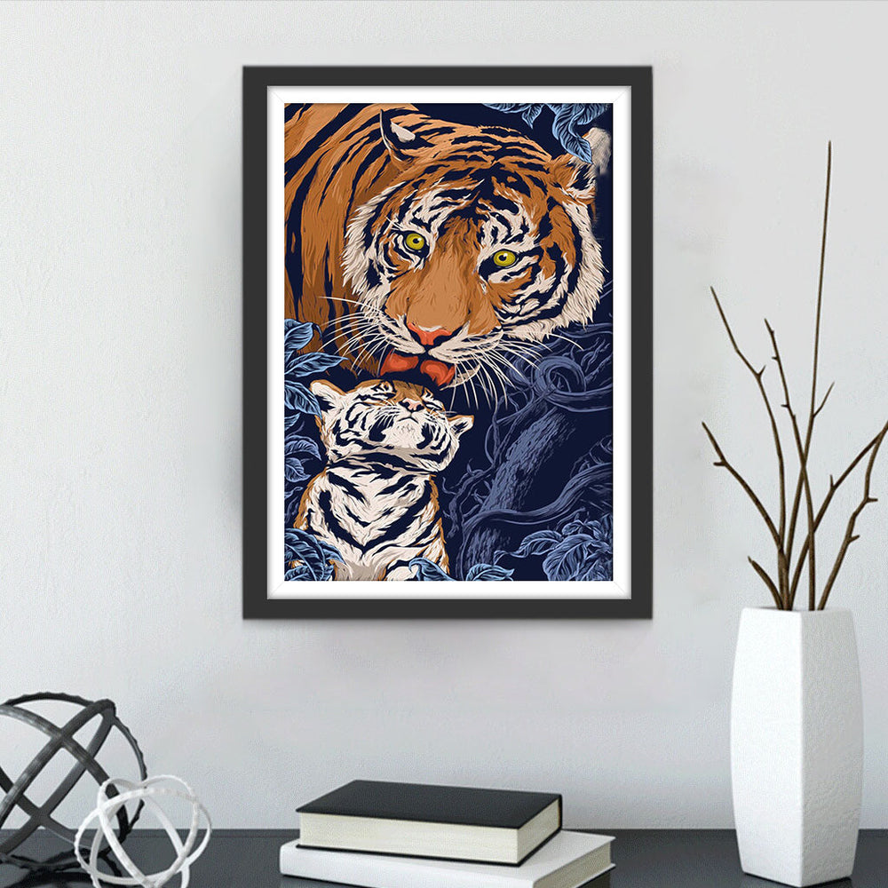 Tijgermoeder Likt Tijgerwelp Diamond Painting