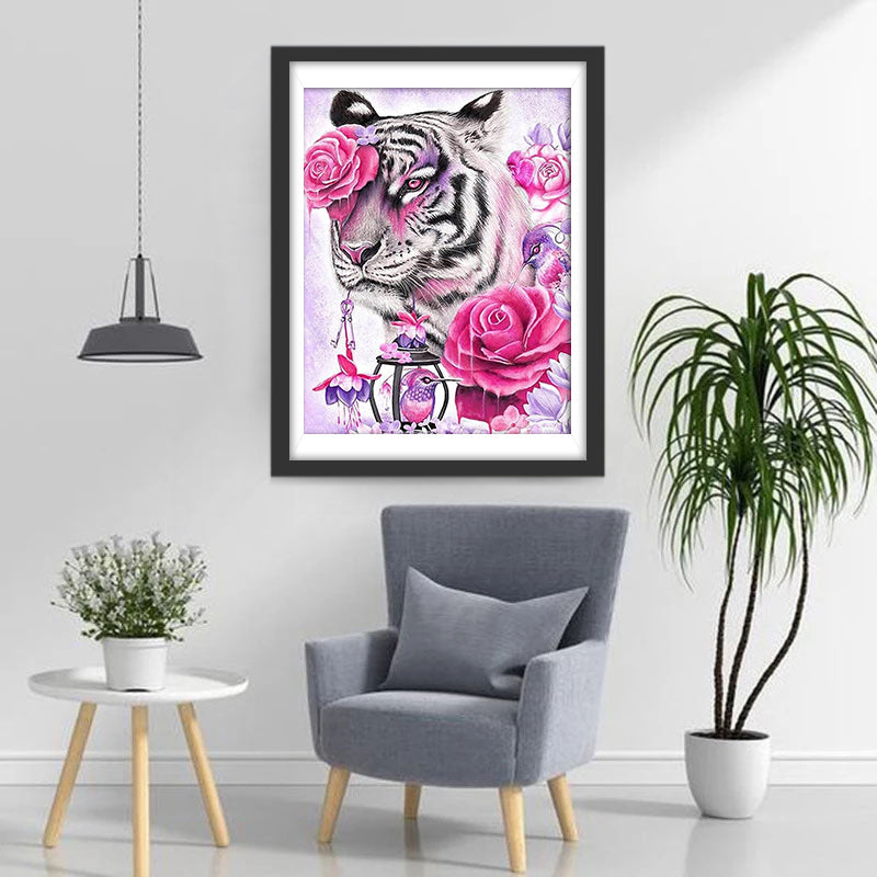 Tijgers en Vogels in Roze Rozen Diamond Painting