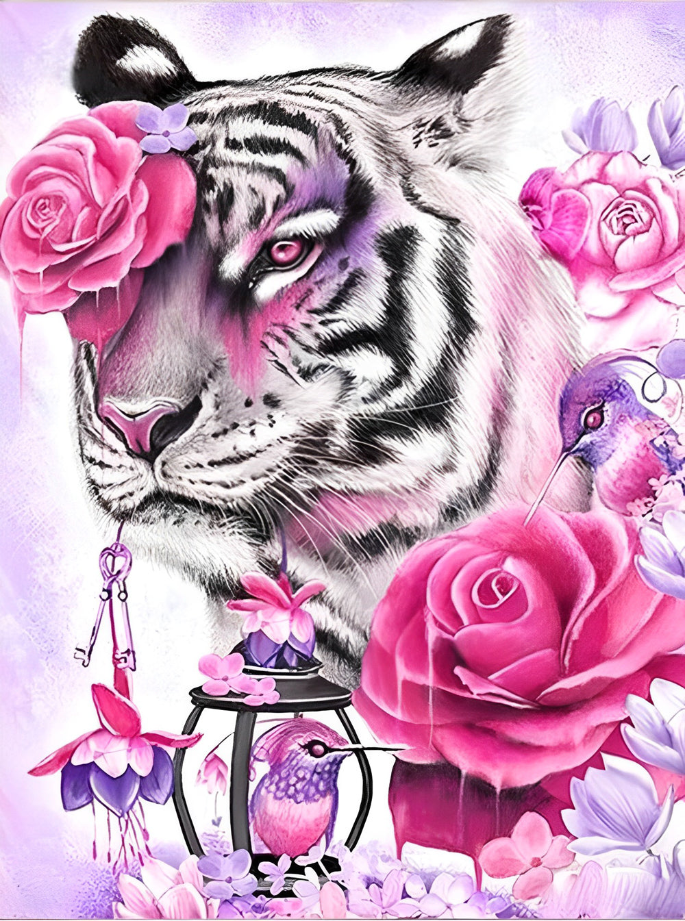 Tijgers en Vogels in Roze Rozen Diamond Painting