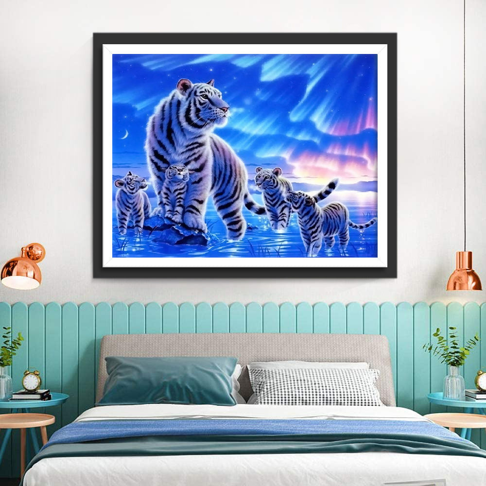 Tijgers onder de Aurora en de Maan Diamond Painting