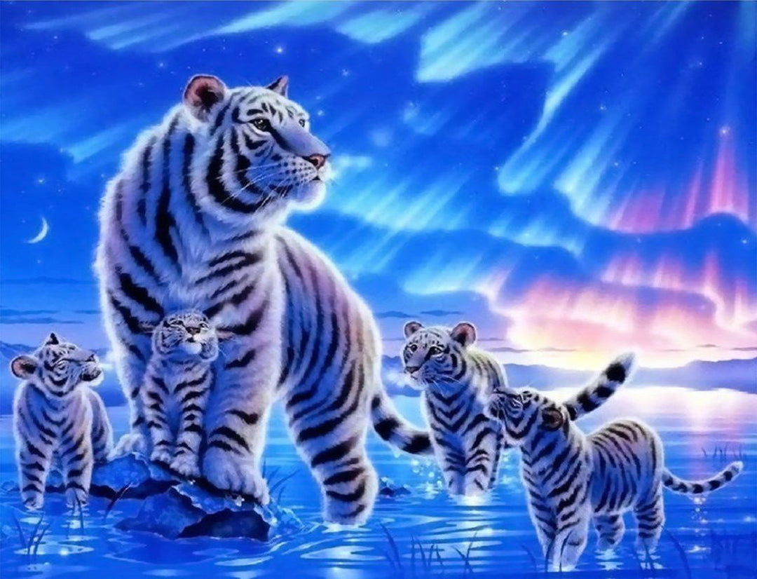 Tijgers onder de Aurora en de Maan Diamond Painting
