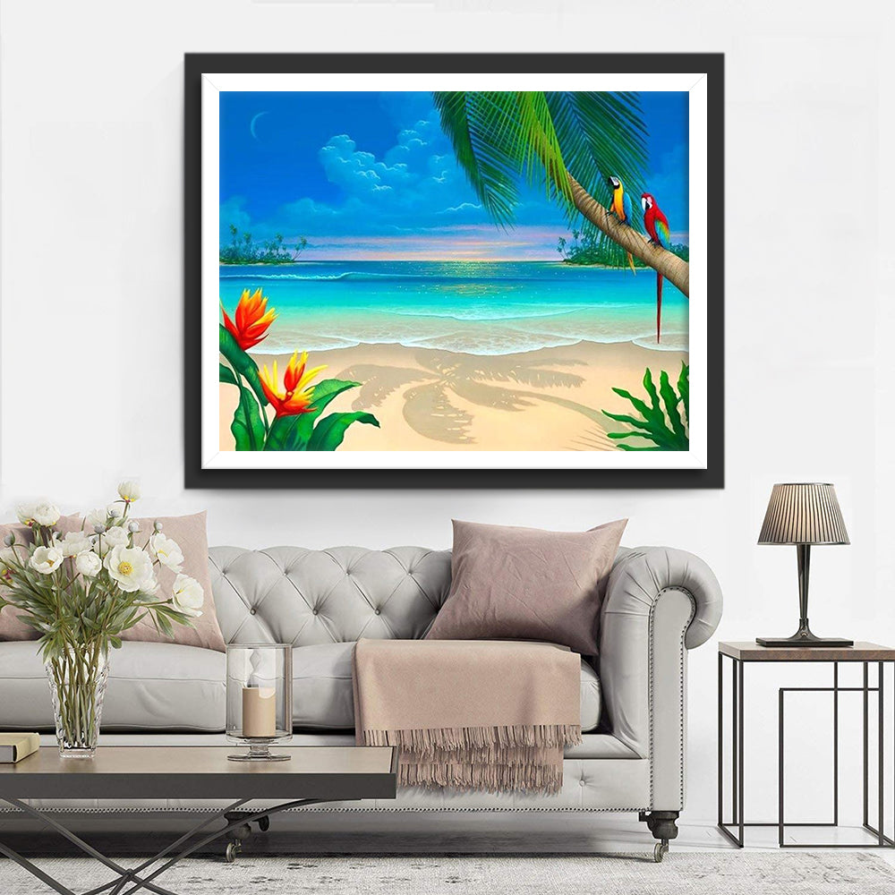 Tropisch Strandgezicht met Papegaaien op Palmtak Diamond Painting