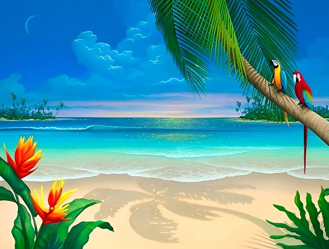 Tropisch Strandgezicht met Papegaaien op Palmtak Diamond Painting