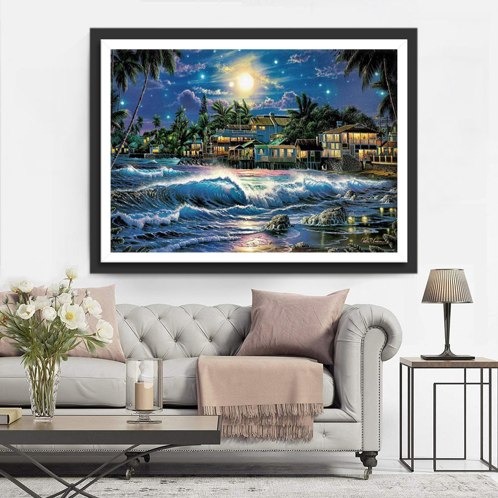 Tropische Huizen aan Zee bij Volle Maan Diamond Painting