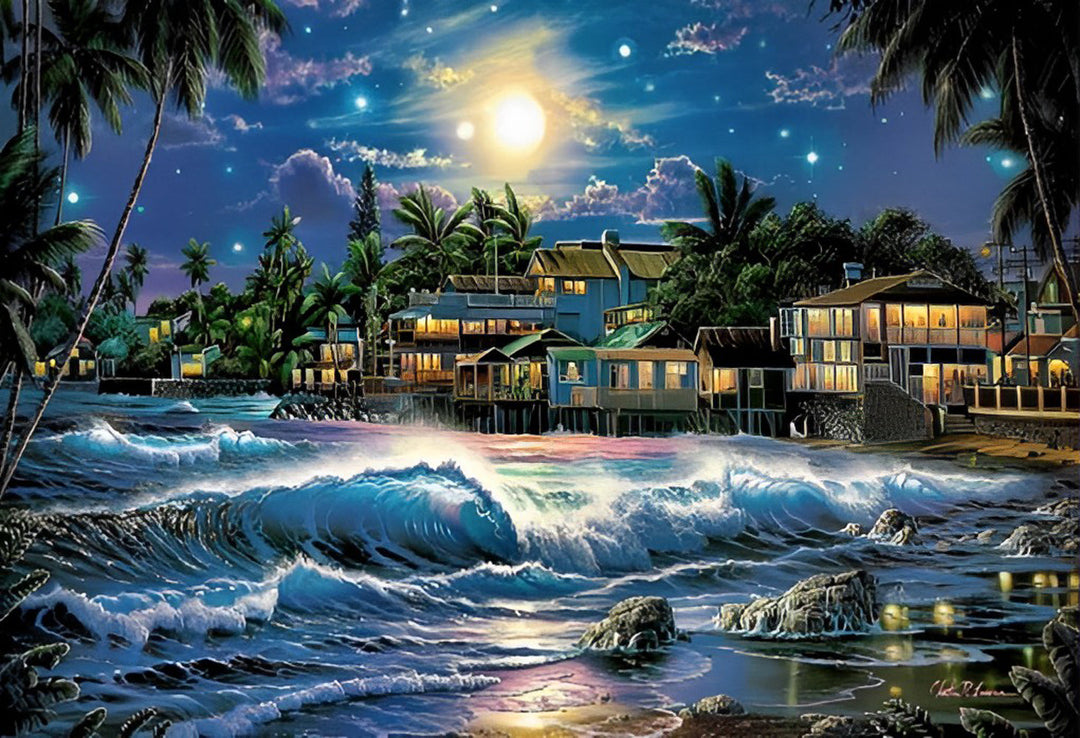 Tropische Huizen aan Zee bij Volle Maan Diamond Painting