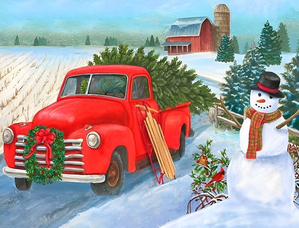 Truck, Sneeuwpop en Boerderij Diamond Painting