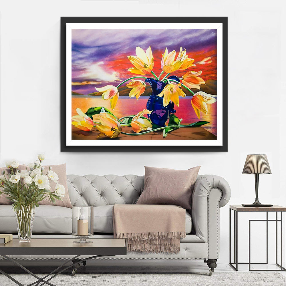 Tulpen in Vaas bij Kleurrijk Avondlicht Diamond Painting