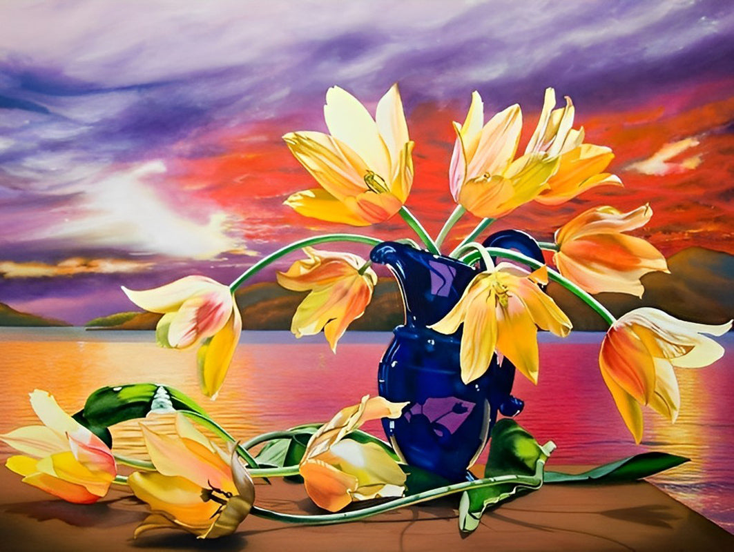 Tulpen in Vaas bij Kleurrijk Avondlicht Diamond Painting