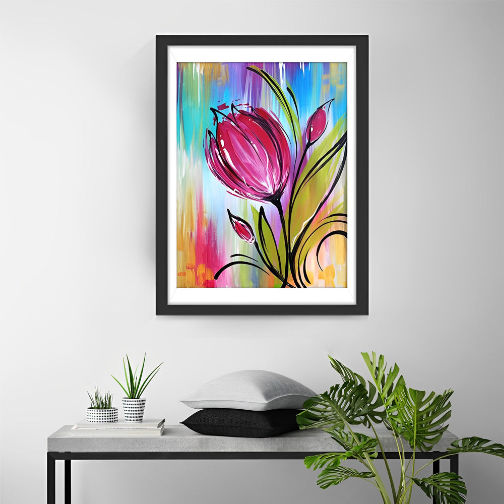 Tulpenknoppen in Rood tegen een Gekleurde Achtergrond Diamond Painting