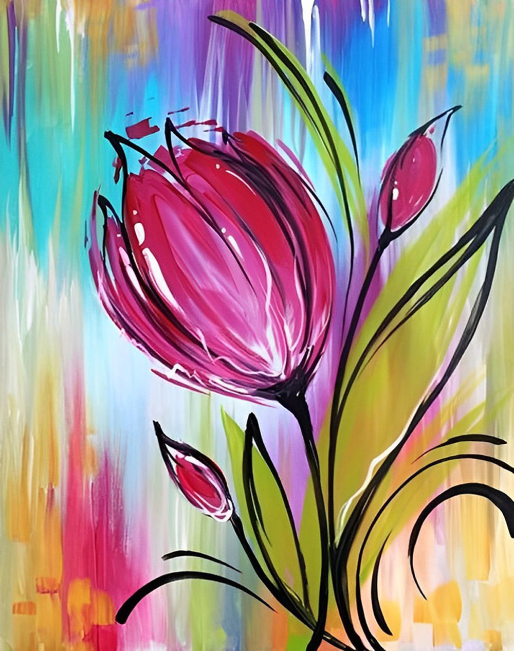 Tulpenknoppen in Rood tegen een Gekleurde Achtergrond Diamond Painting