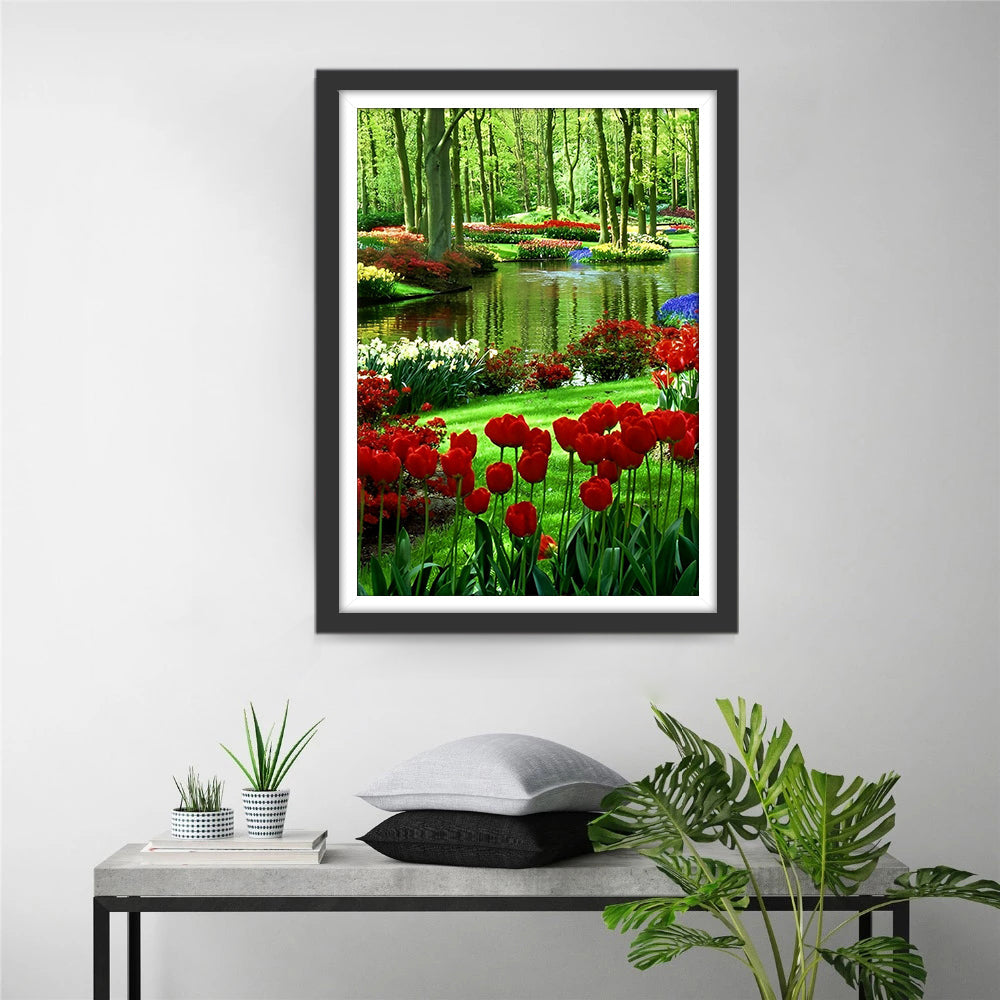 Tulpenlandschap bij Water Diamond Painting