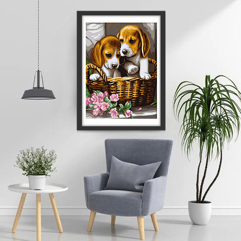 Twee Beagles in een Mandje Diamond Painting