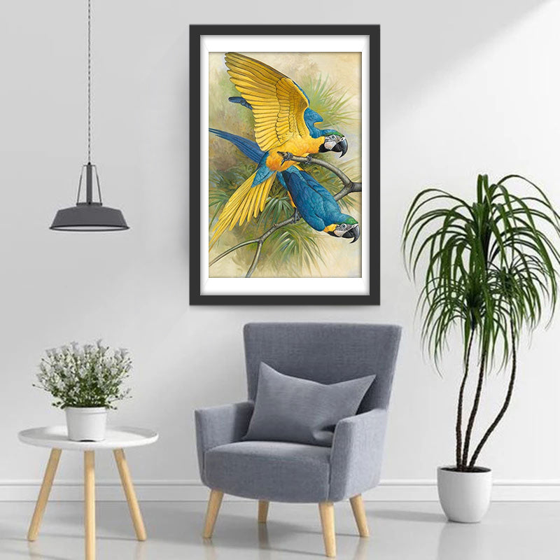 Twee Blauw-Gele Papegaaien Diamond Painting