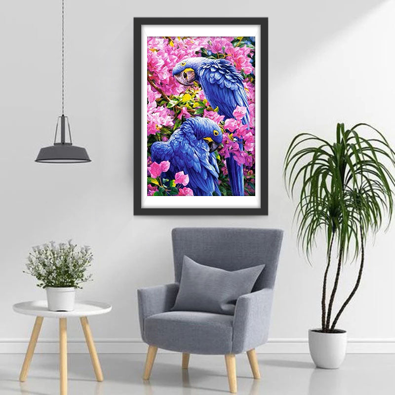 Twee Blauwe Papegaaien in de Roze Bloemen Diamond Painting