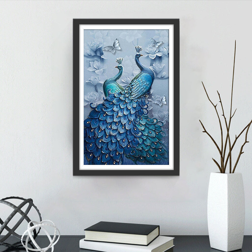 Twee Blauwe Pauwen en Witte Bloemen Diamond Painting