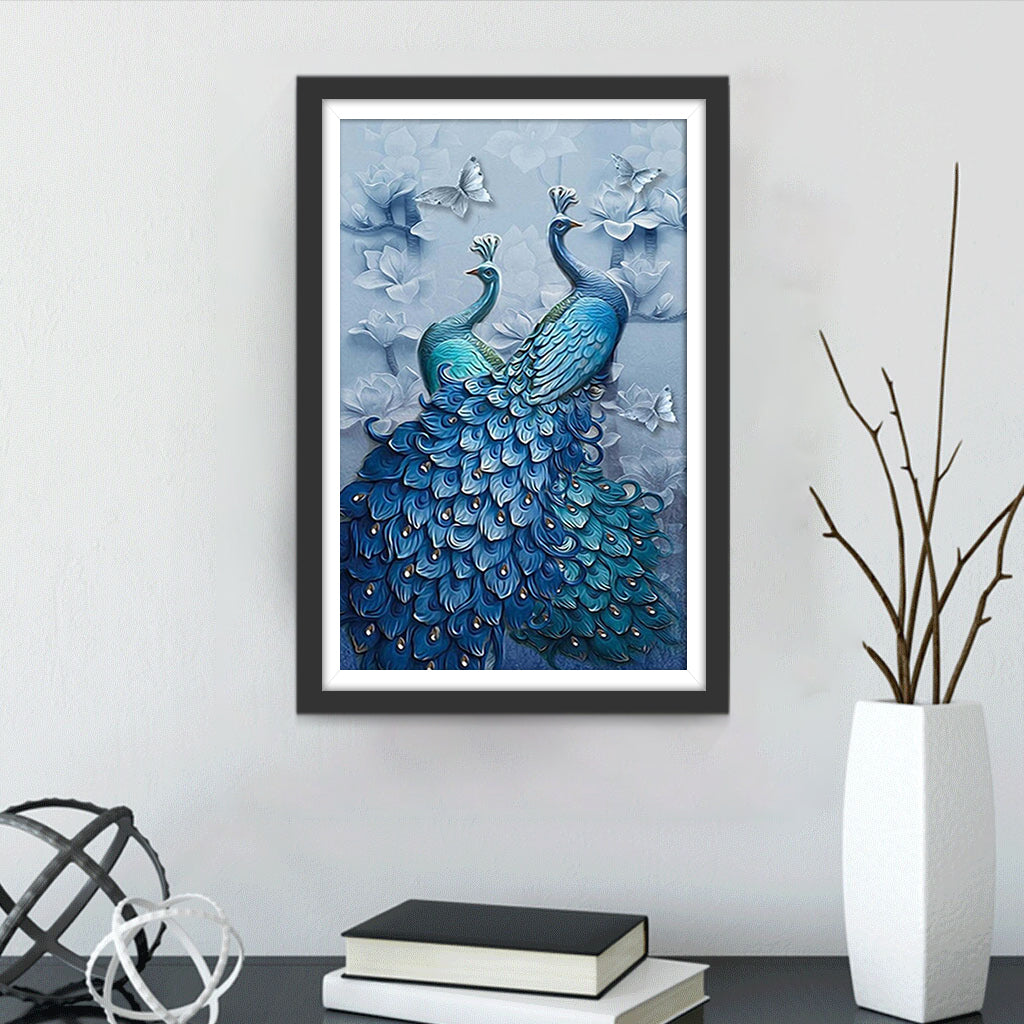 Twee Blauwe Pauwen en Witte Bloemen Diamond Painting