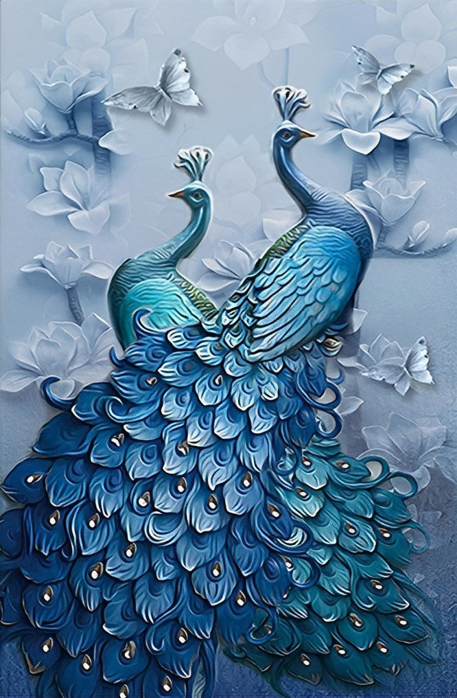 Twee Blauwe Pauwen en Witte Bloemen Diamond Painting
