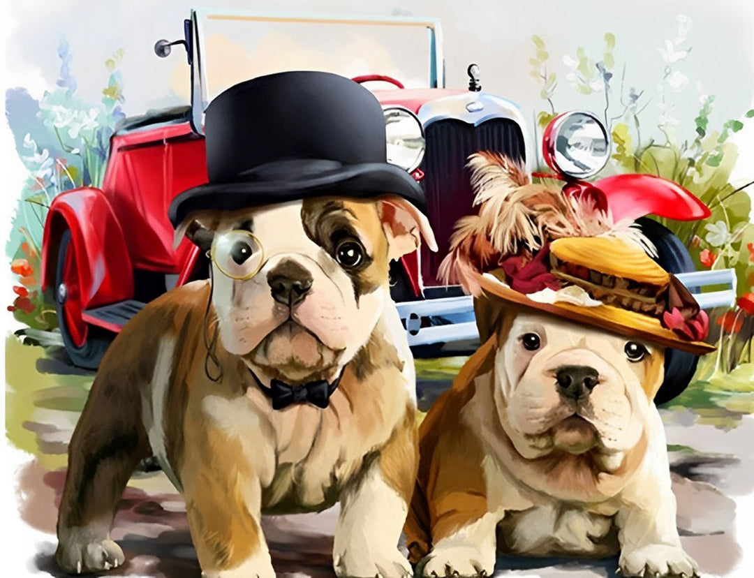 Twee Bulldogs voor een Rode Auto Diamond Painting