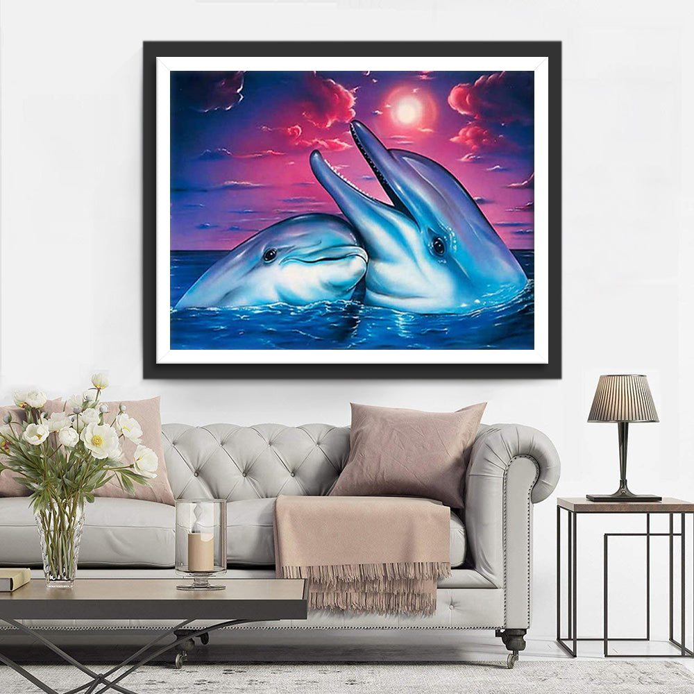Twee Dolfijnen onder een Roze Hemel Diamond Painting