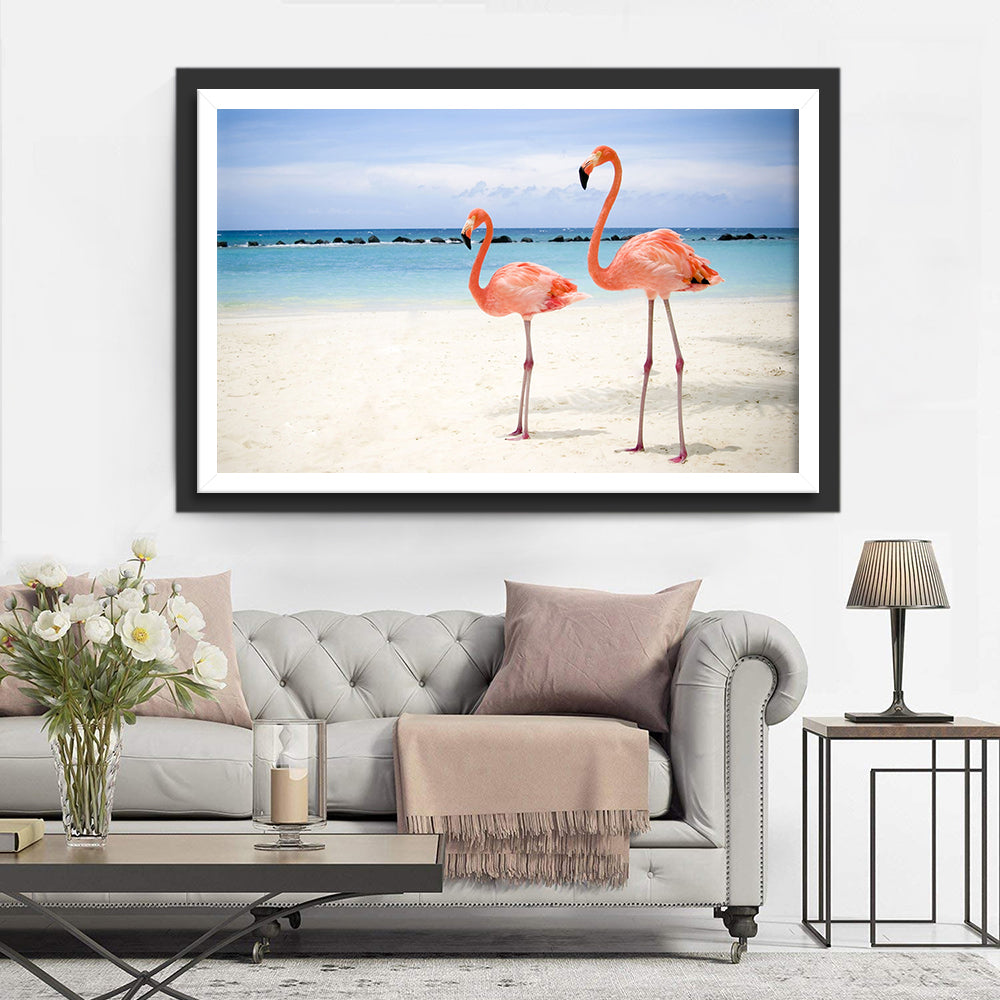 Twee Flamingo's op het Witte Strand Diamond Painting
