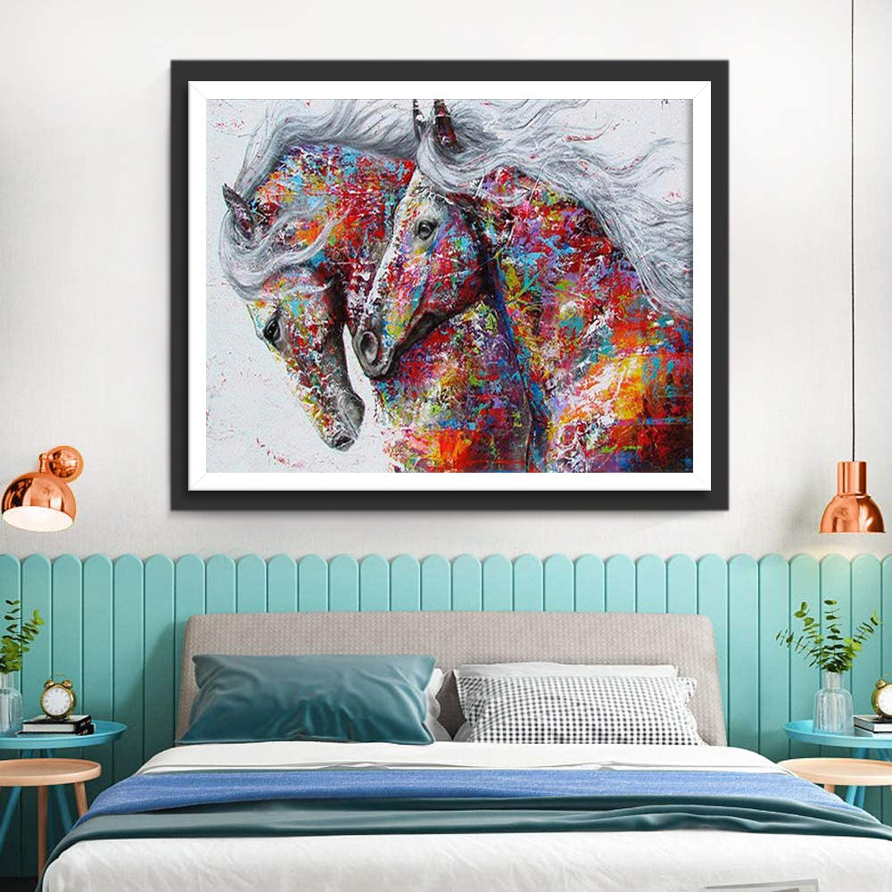 Twee Gekleurde Paarden met Grijs Haar Diamond Painting