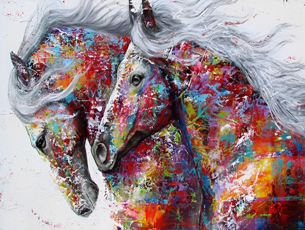 Twee Gekleurde Paarden met Grijs Haar Diamond Painting