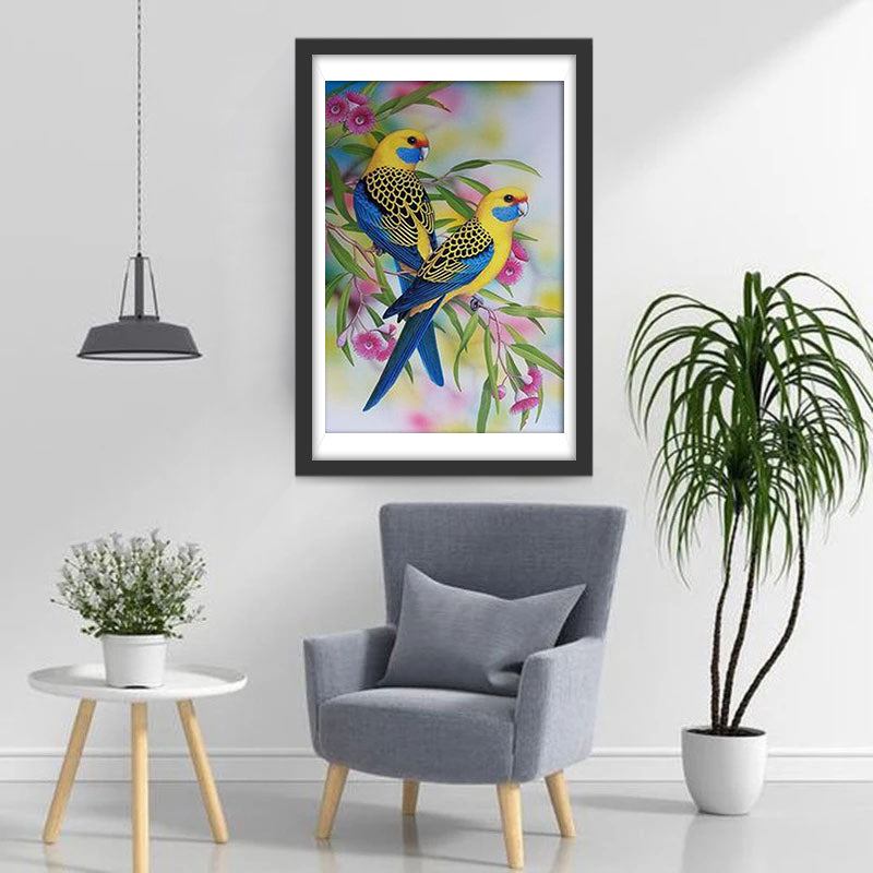 Twee Gele en Blauwe Vogels op een Roze Bloeiende Boom Diamond Painting