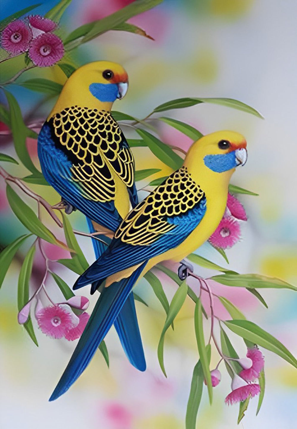Twee Gele en Blauwe Vogels op een Roze Bloeiende Boom Diamond Painting
