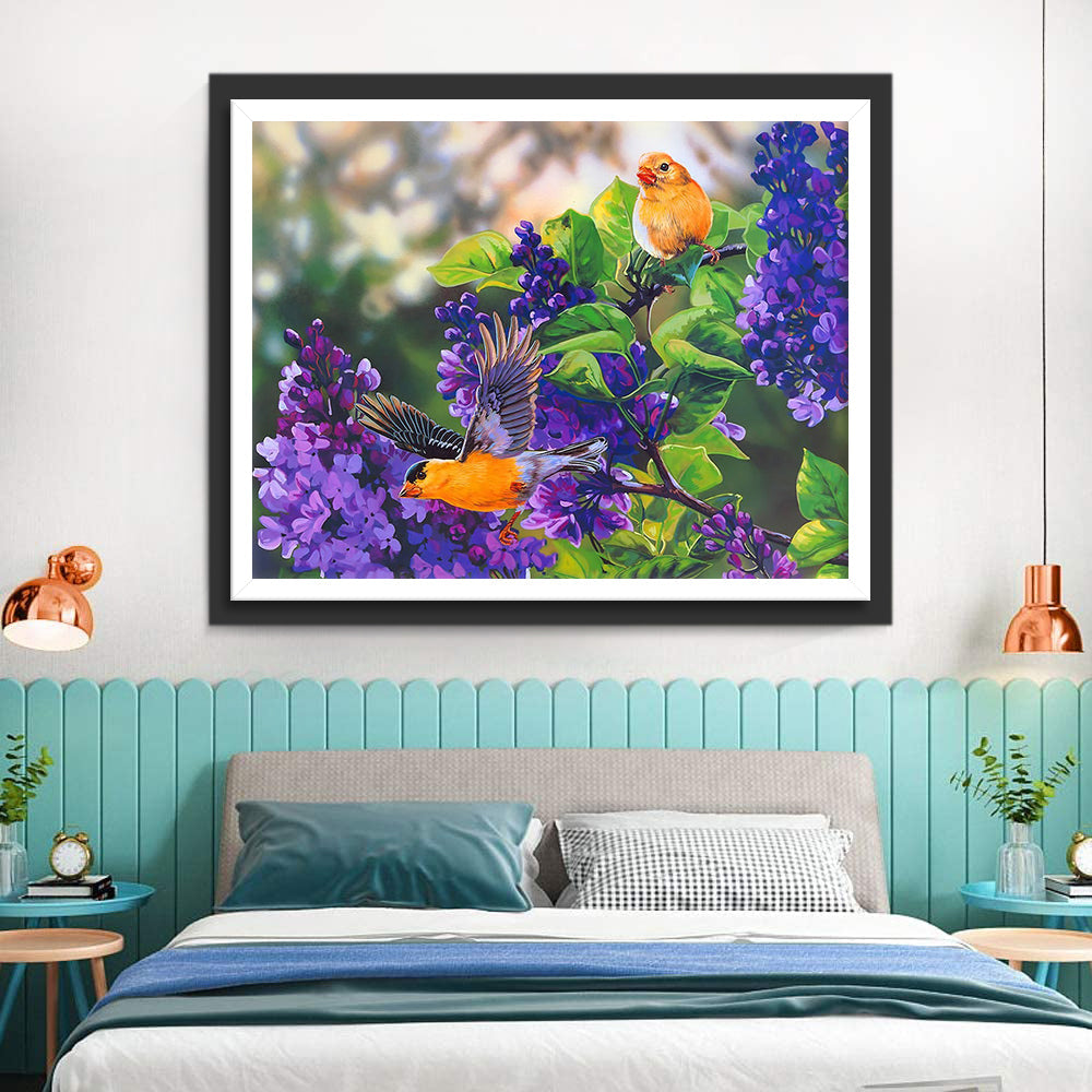 Twee Gele Vogels in een Lila Struik Diamond Painting