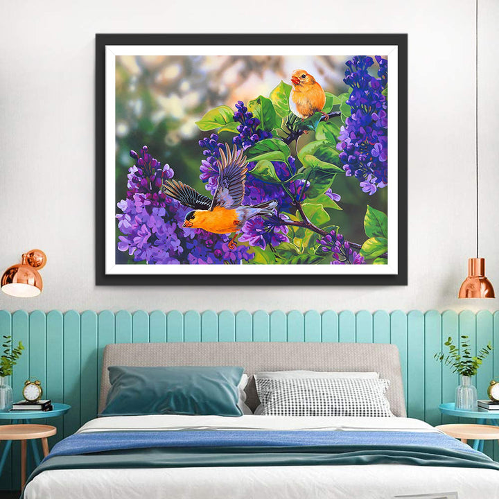 Twee Gele Vogels in een Lila Struik Diamond Painting