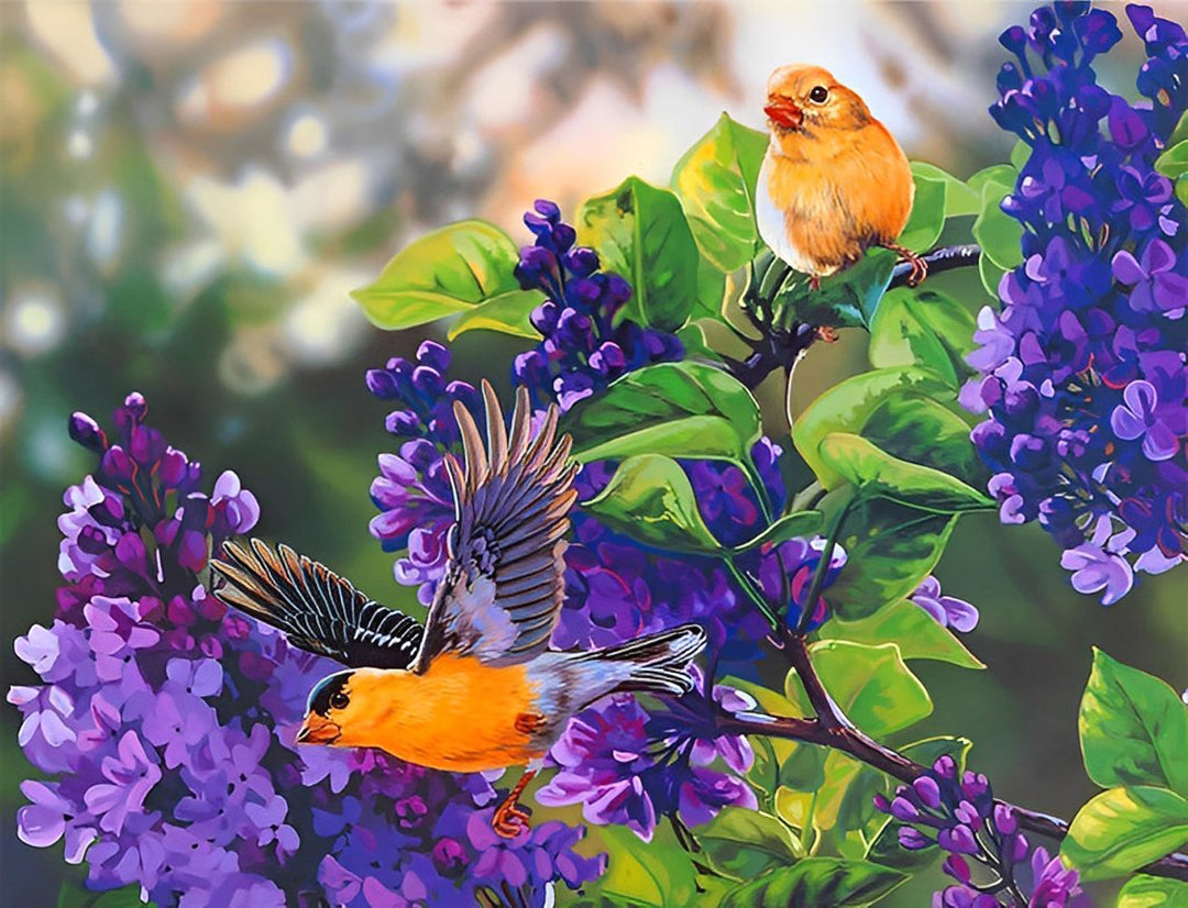 Twee Gele Vogels in een Lila Struik Diamond Painting