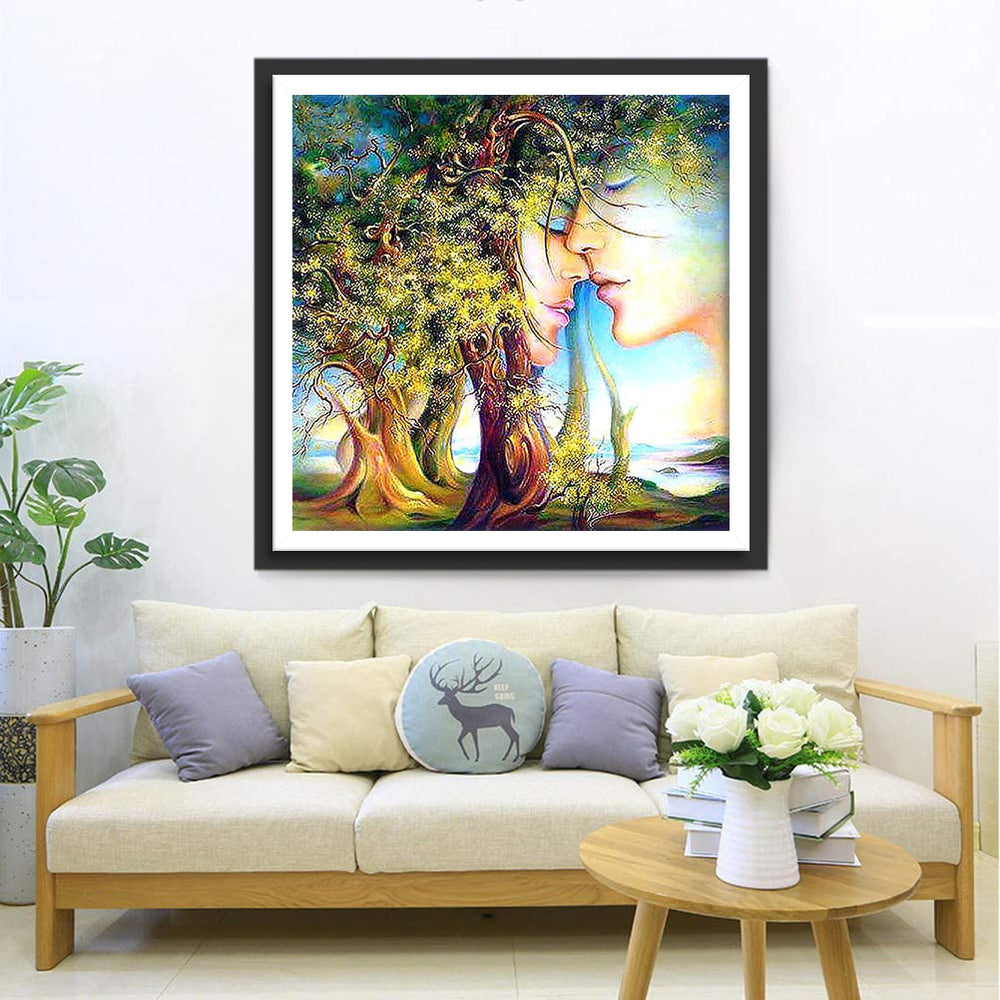 Twee Gezichten Verenigd met een Magische Boom Diamond Painting