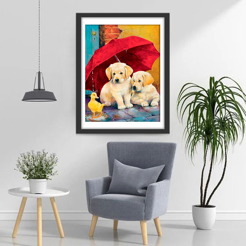 Twee Golden Retrievers onder een Paraplu en een Eend Diamond Painting
