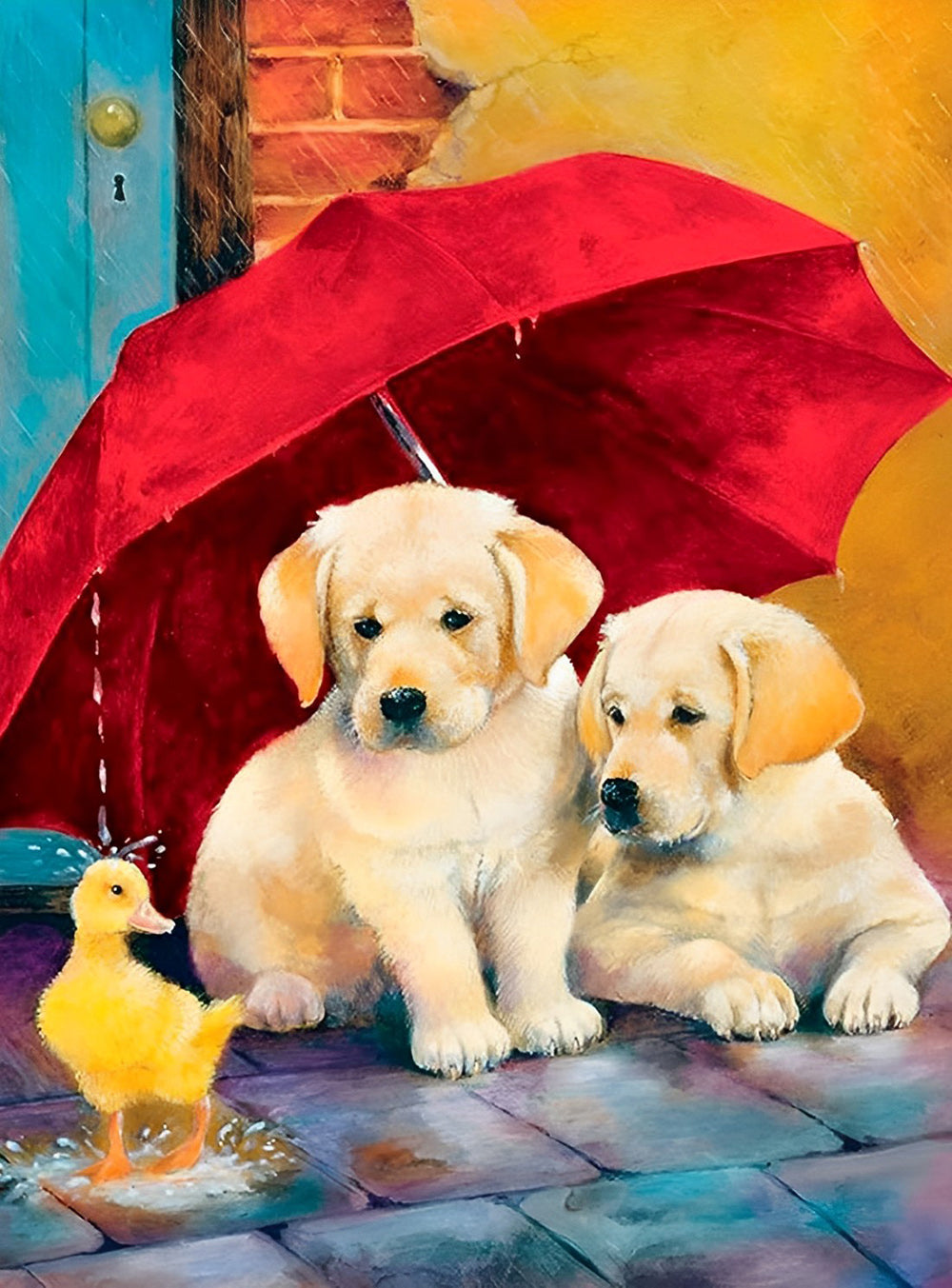 Twee Golden Retrievers onder een Paraplu en een Eend Diamond Painting