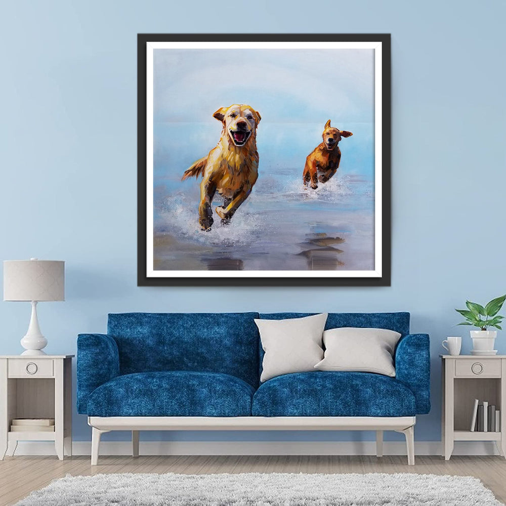 Twee Golden Retrievers Rennen in de Zee Diamond Painting