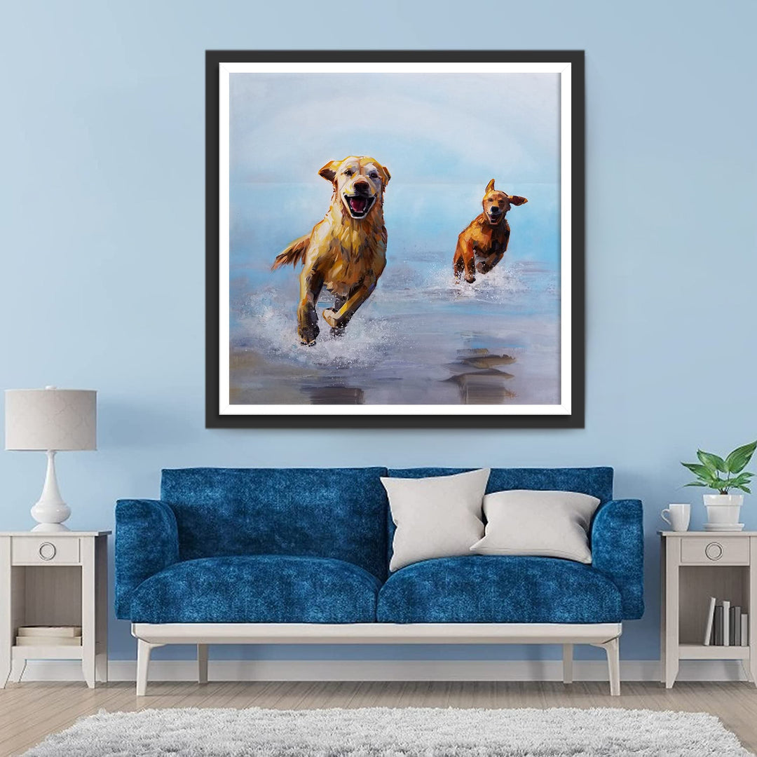 Twee Golden Retrievers Rennen in de Zee Diamond Painting