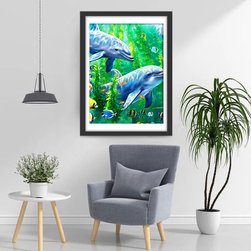 Twee Grote Dolfijnen in Groen Zeewier Diamond Painting