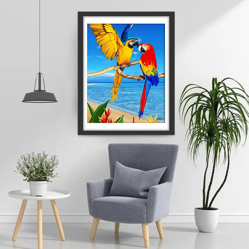 Twee Grote Papegaaien op een Tak aan de Zee Diamond Painting
