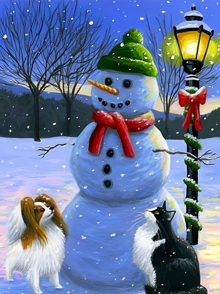 Twee Honden en Grote Sneeuwpop met Groene Muts Diamond Painting