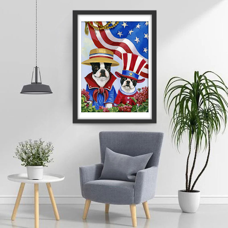Twee Honden met een Amerikaanse Vlag Diamond Painting