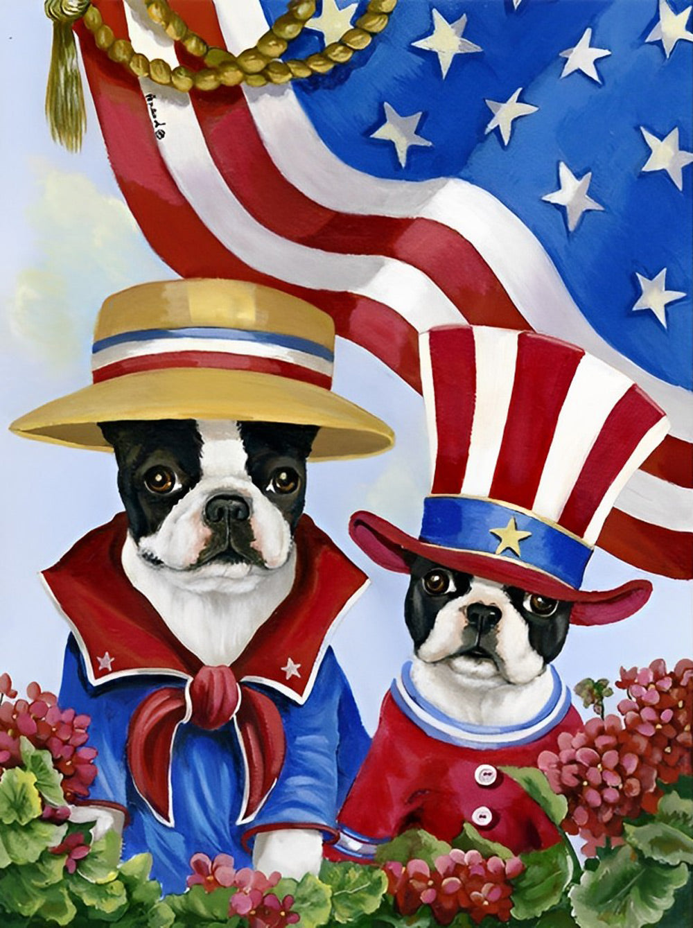 Twee Honden met een Amerikaanse Vlag Diamond Painting