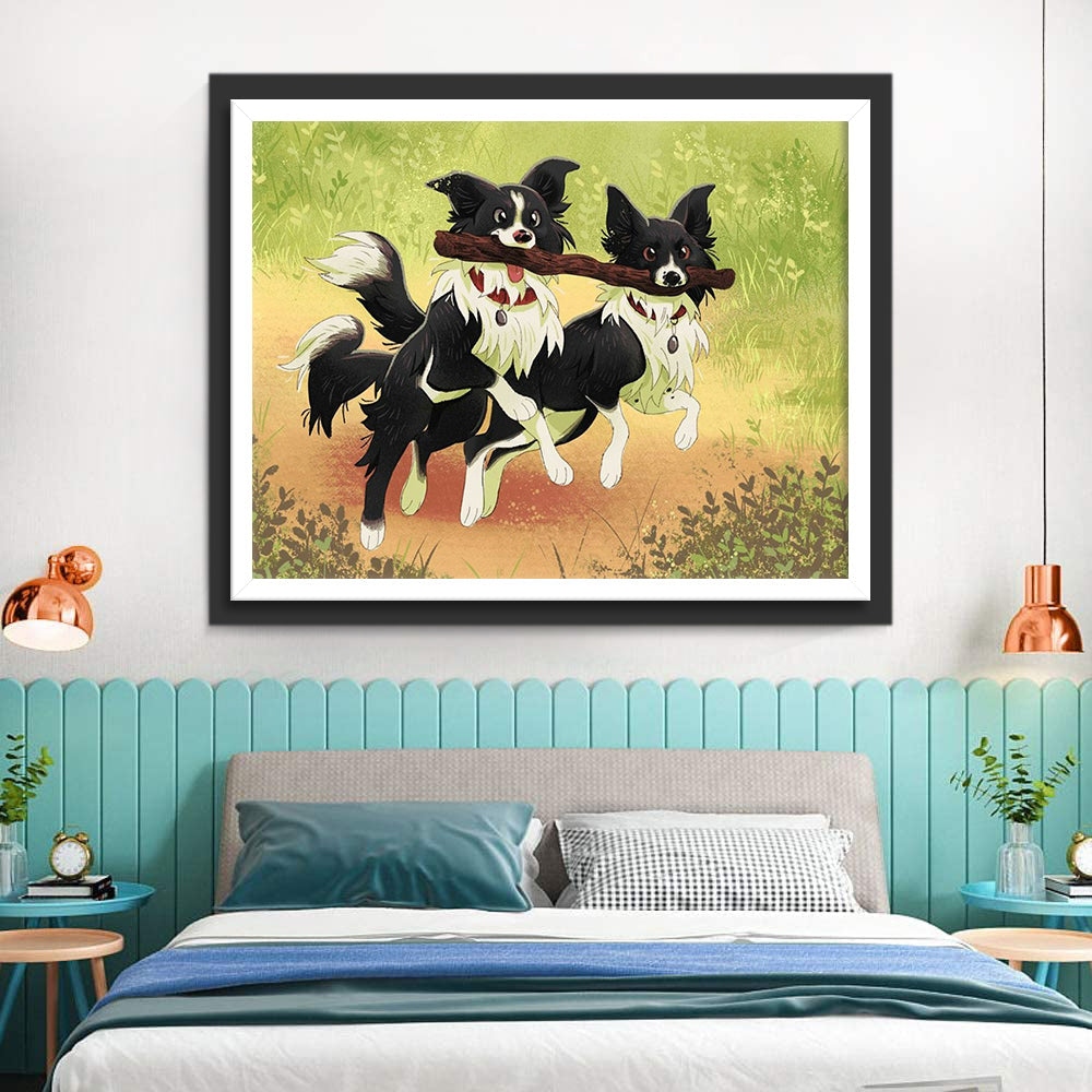 Twee Honden met een Stok in hun Bek Diamond Painting