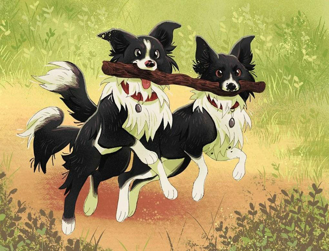Twee Honden met een Stok in hun Bek Diamond Painting
