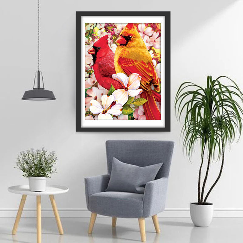 Twee Kardinalen in een Roze Bloemenstruik Diamond Painting