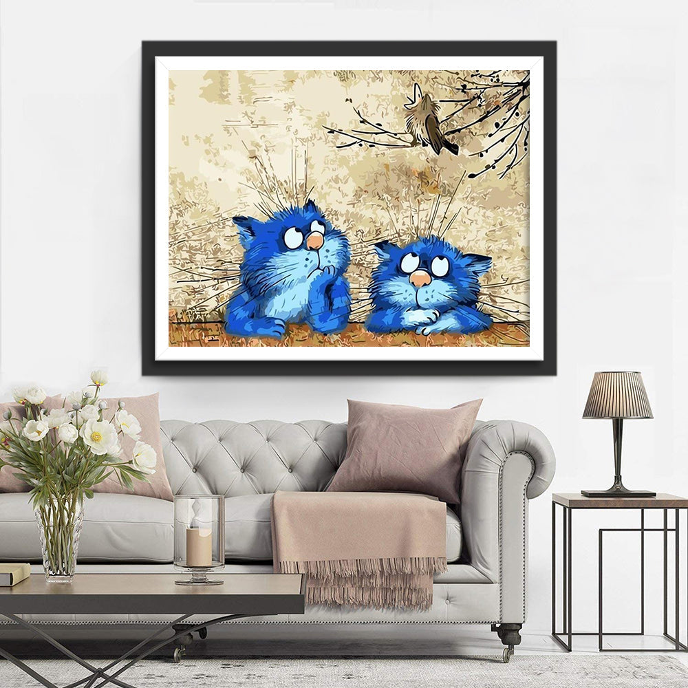 Twee Katten en een Vogel in een Boom Diamond Painting